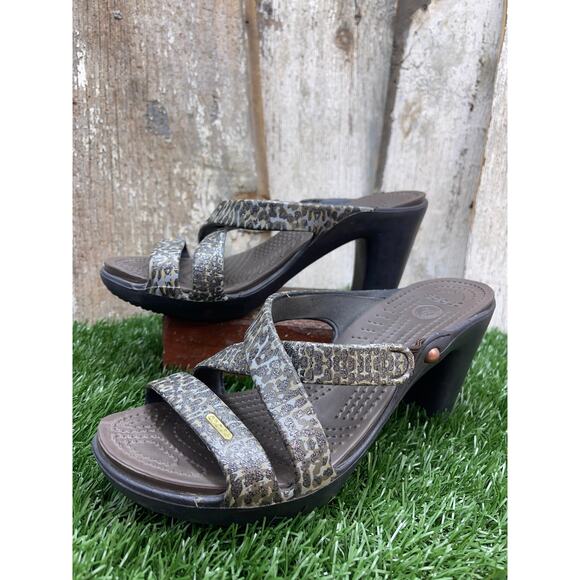 Crocs Women’s Size 10 Cyprus IV Sparkle Leopard Heels Sandals Brown Black - Picture 2 of 7